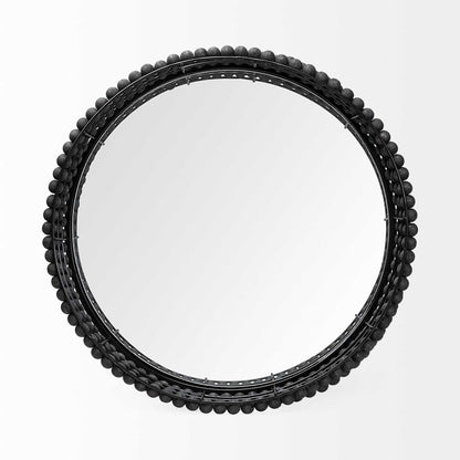 21" Matte Black Wood With Bead Mirrored Glass Bottom Round Tray