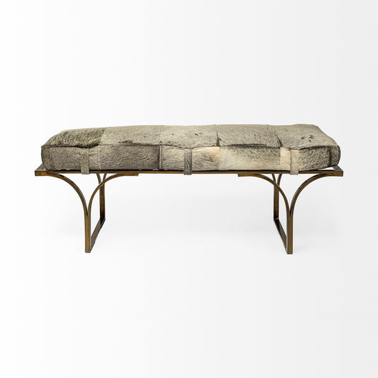 55" Gray and Antiqued Brass Upholstered Faux Fur Bench