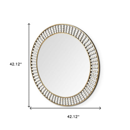 42" Round Gold Metal Frame Wall Mirror With White Wood Beads