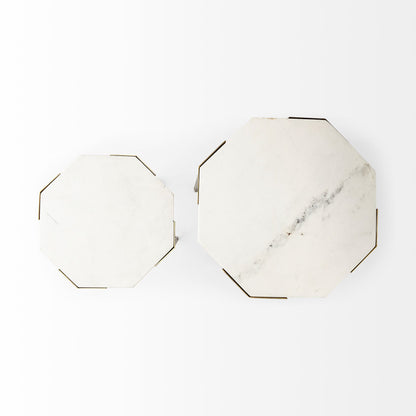 Set Of 2 White Marble And Iron Hexagonal Top Side Tables