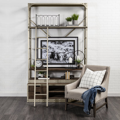 94" Brown Distressed Nickel and Solid Wood Six Tier Bookcase with Four Drawers