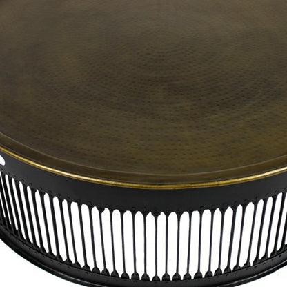 Round Black Drum Shaped Brass Coffee Table