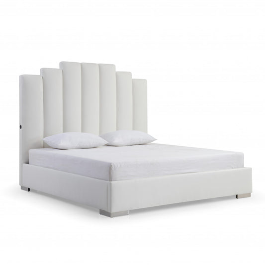 Queen White Vertical Channel Faux Leather Bed with USB