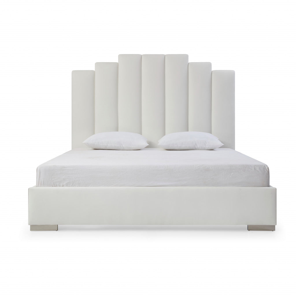 Queen White Vertical Channel Faux Leather Bed with USB