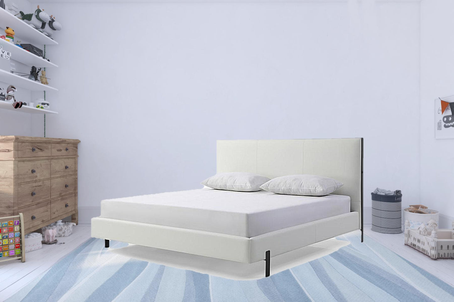 King White Upholstered Faux Leather Bed With USB