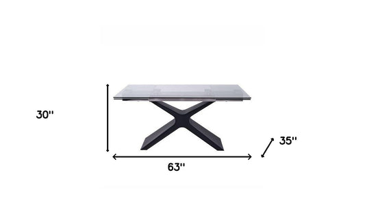 63" Clear And Black Glass And Metal Drop Leaf Pedestal Base Dining Table