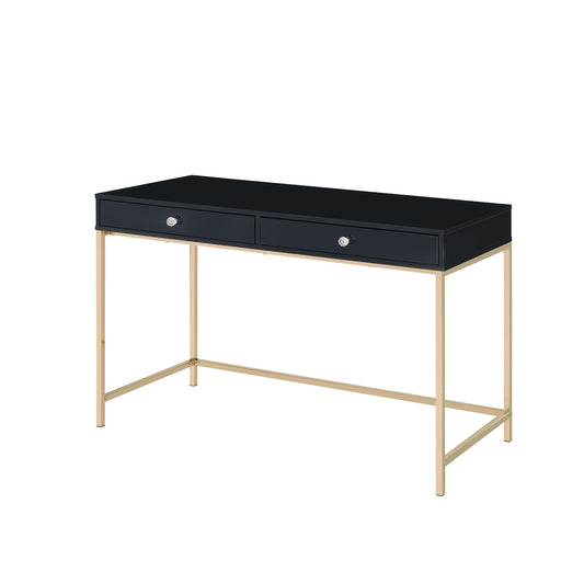 47" Black and Gold Writing Desk With Two Drawers