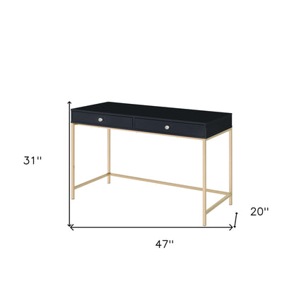 47" Black and Gold Writing Desk With Two Drawers