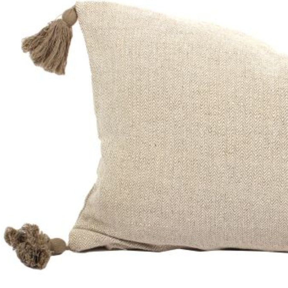 Set Of Two 16" x 35" Taupe 100% Cotton Herringbone Pillows With Tassels