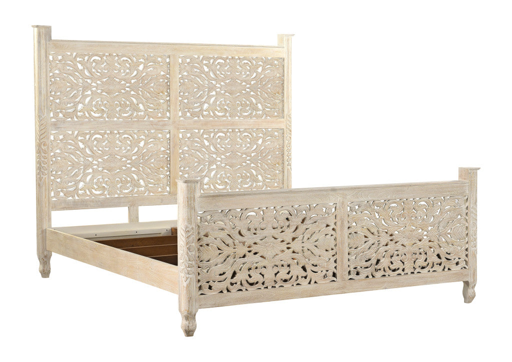 Carved Solid Wood King White Bed