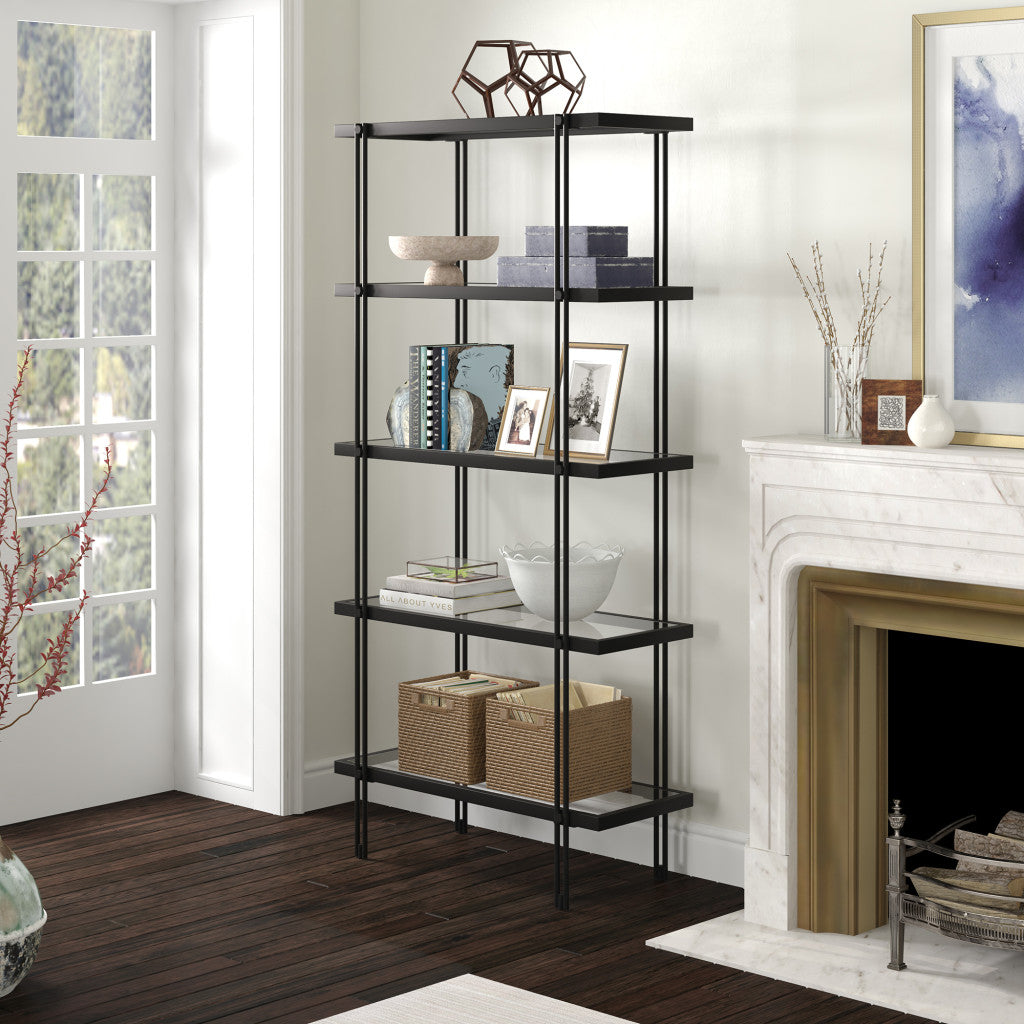 68" Black Metal And Glass Five Tier Standard Bookcase