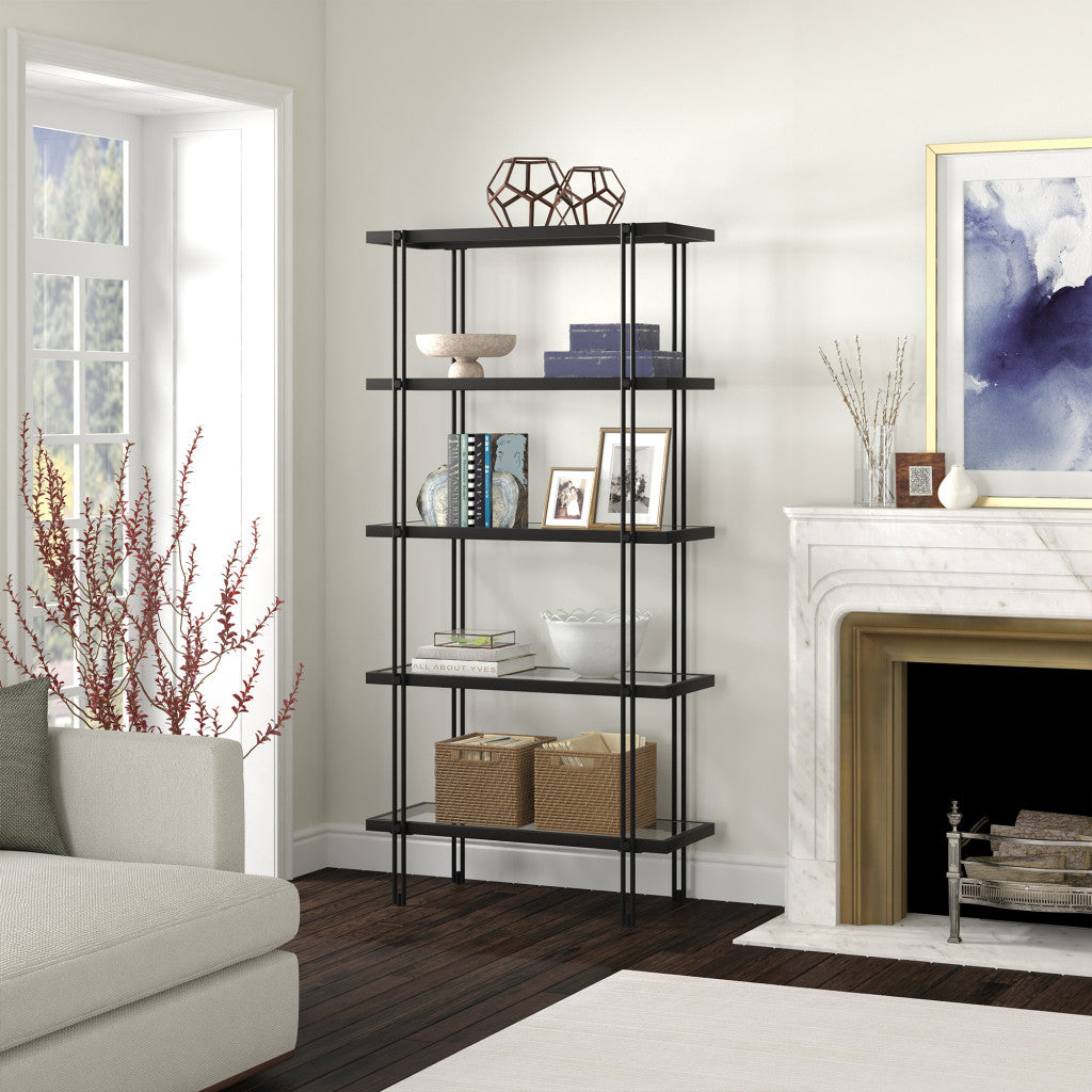 68" Black Metal And Glass Five Tier Standard Bookcase