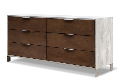 30" Dark Walnut Veneer  Steel  And Concrete Dresser With 6 Drawers