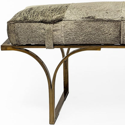 55" Gray and Antiqued Brass Upholstered Faux Fur Bench