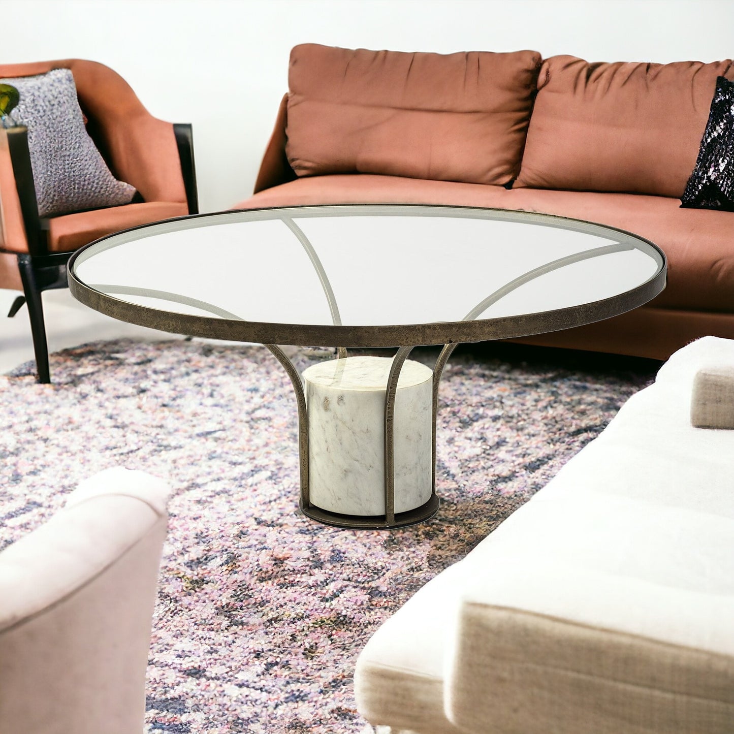 36" Clear And White and Gold Glass And Stone Round Coffee Table