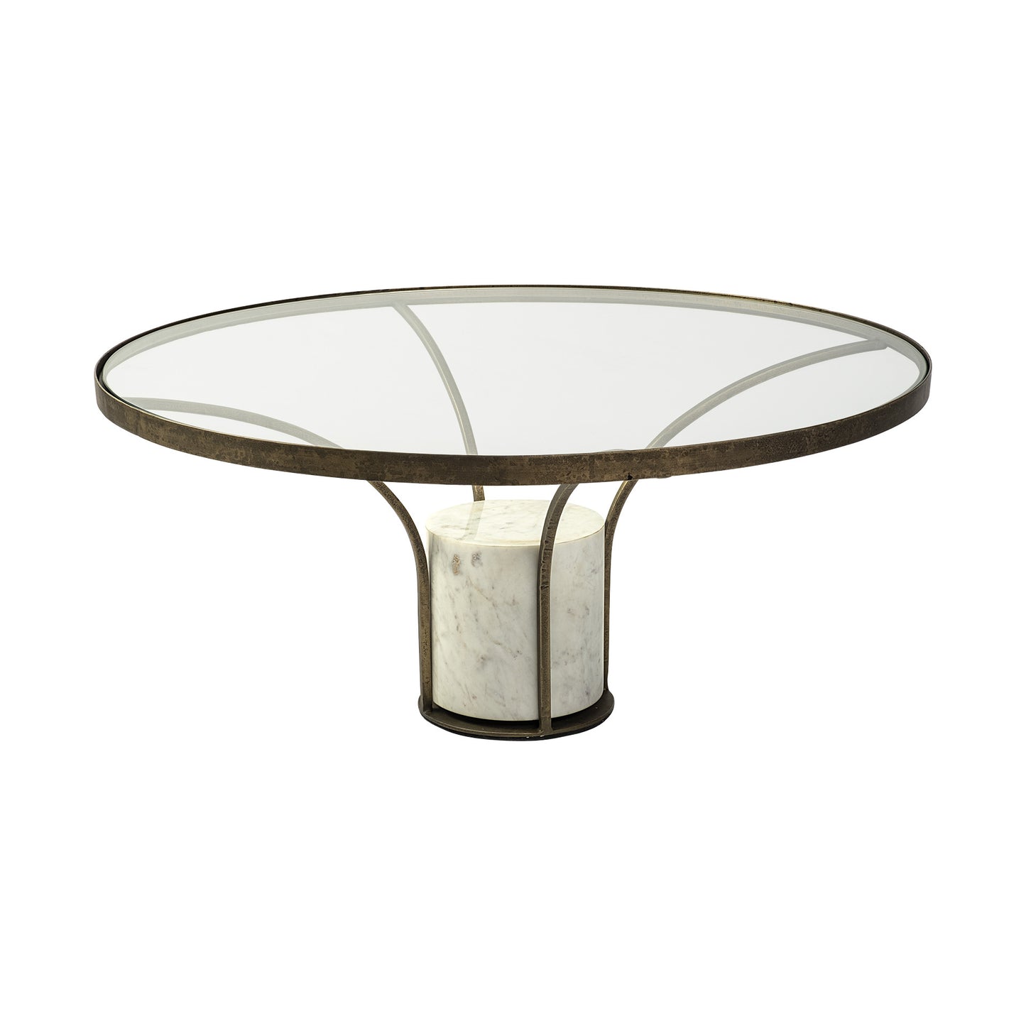 36" Clear And White and Gold Glass And Stone Round Coffee Table