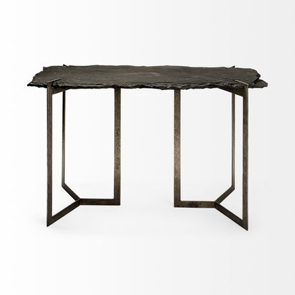 Rectangular Black Live Edge Slate Console Table With Double Pedestal Base