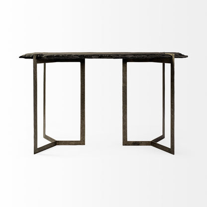 Rectangular Black Live Edge Slate Console Table With Double Pedestal Base