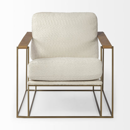 34" Cream And Wood Brown Linen Arm Chair