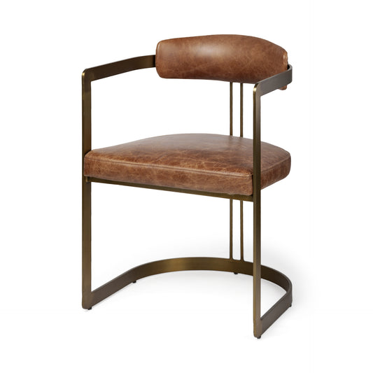Brown Leather Seat With Gold Iron Frame Dining Chair