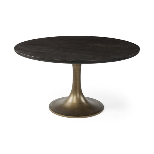 54" Round Brown Solid Wood Top With Gold Metal Base Dining Table