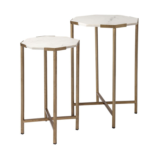 Set Of 2 White Marble And Iron Hexagonal Top Side Tables