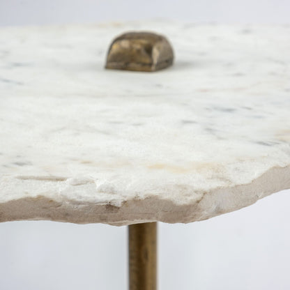 White Marble Top Accent Table With Triangluar Gold Iron Base