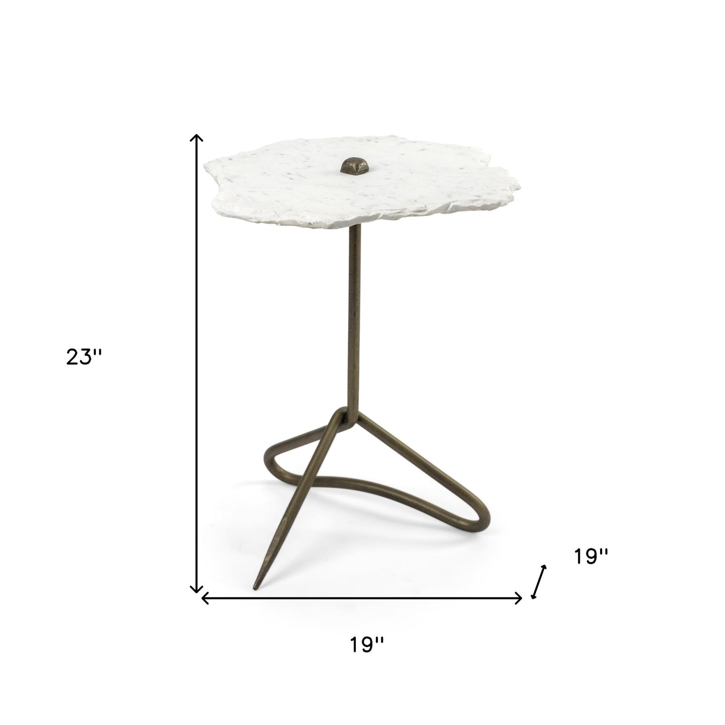 White Marble Top Accent Table With Triangluar Gold Iron Base