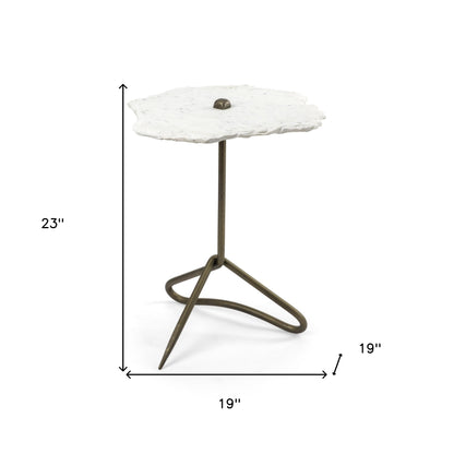 White Marble Top Accent Table With Triangluar Gold Iron Base