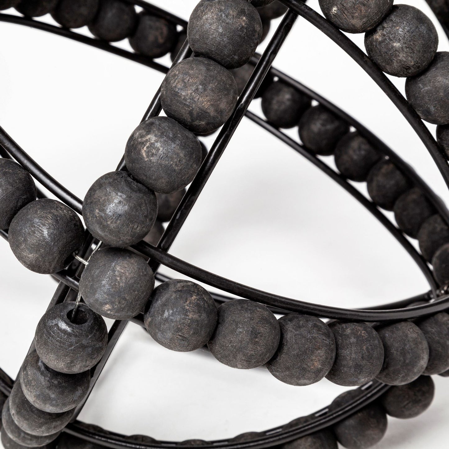 9" Black Wooden Bead And Metal Orb Sculpture