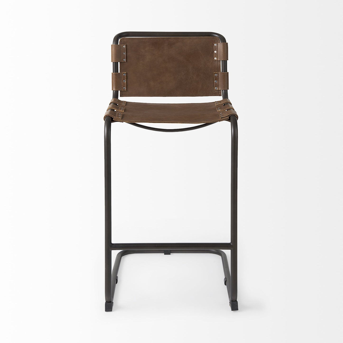 35" Brown Leather And Steel Bar Chair
