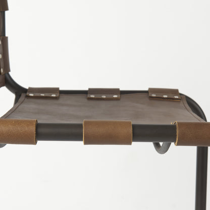 35" Brown Leather And Steel Bar Chair
