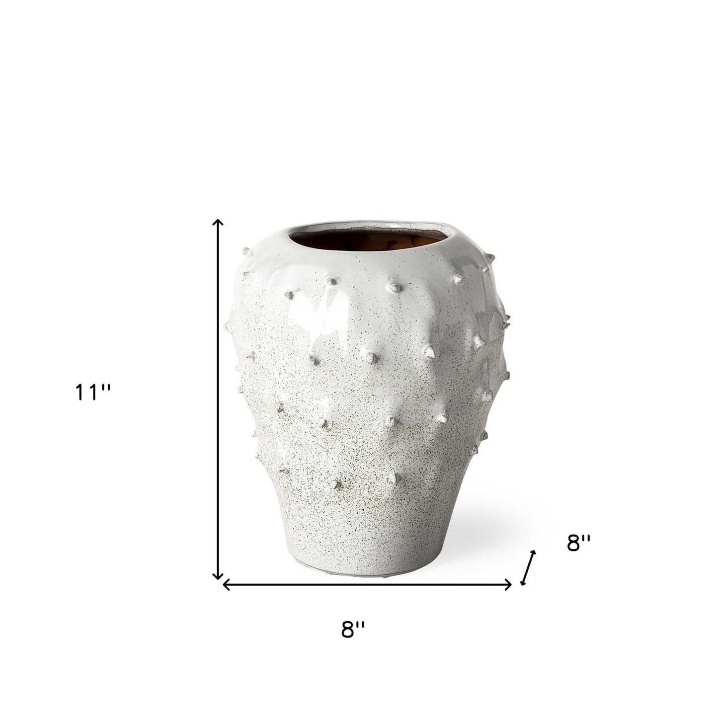 11" White Spiked Organic Glaze Large Mouth Ceramic Vase