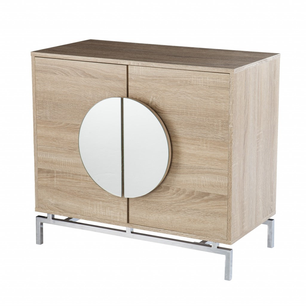 32" Natural and Chrome Mirrored Circle Double Door Bar Cabinet