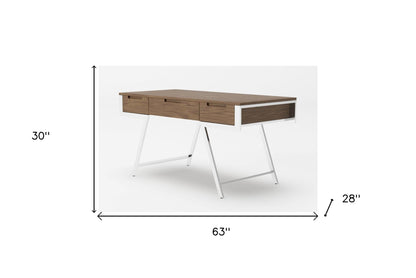 63" Walnut and Chrome Rectangular Writing Desk With Three Drawers