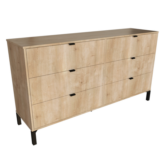 59" Light Natural Manufactured Wood with Black Six Drawer Double Dresser