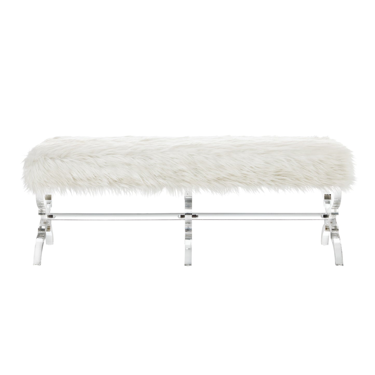 48" Cream And Clear Upholstered Faux Fur Bench