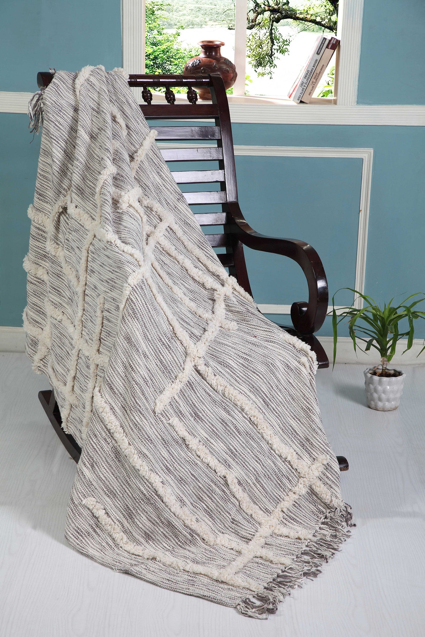 Gray Woven Cotton Striped Throw Blanket