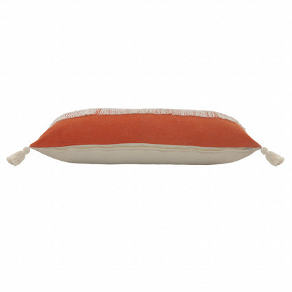 14" X 36" Orange And Off-White 100% Cotton Zippered Pillow