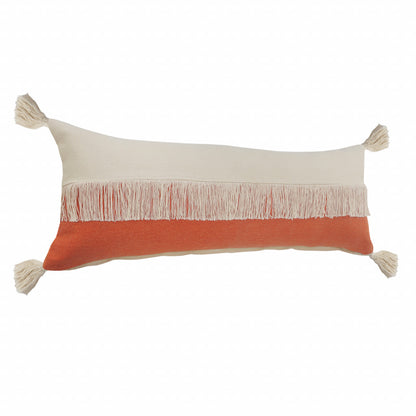 14" X 36" Orange And Off-White 100% Cotton Zippered Pillow